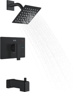 KENES Modern Matte Black Shower Faucet, Tub and Shower Trim Kit with Single-Spray Square Stainless Black Rain Shower Head, KE-6025A-2 (Shower Valve Included)