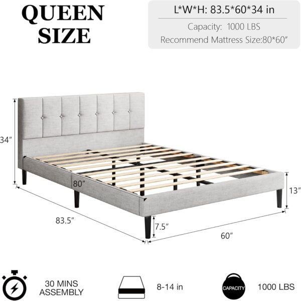 Queen Size Bed Frame, Platform Beds with Upholstered Headboard, Mattress Foundation with Wooden Slats Support, Easy Assembly, Noise Free, No Box Spring Needed, Light Grey