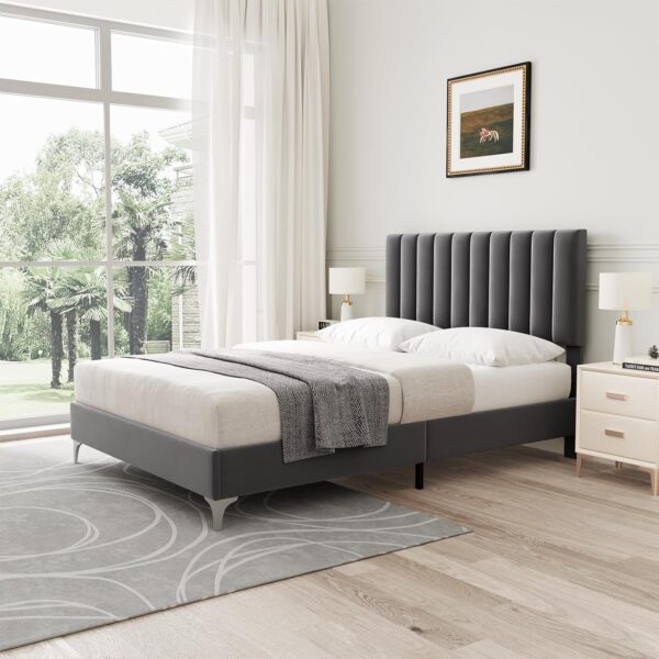 IDEALHOUSE Queen Size Bed Frame with Adjustable Headboard, Velvet Upholstered Platform Bed Frame with Strong Wooden Slats, Non-Slip and Noise-Free, No Box Spring Needed, Easy Assembly, Grey