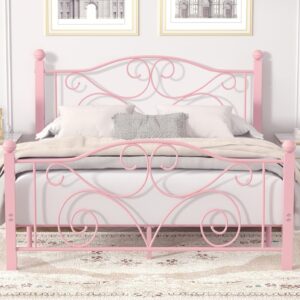 VECELO Queen Size Bed Frame with Headboard and Footboard, Heavy Duty Metal Slat Support, Platform Mattress Foundation, No Box Spring Needed, Easy Assembly, Pink