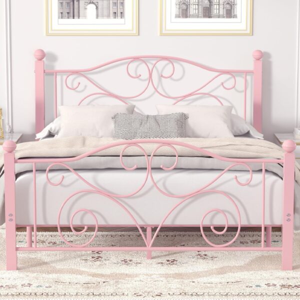 VECELO Queen Size Bed Frame with Headboard and Footboard, Heavy Duty Metal Slat Support, Platform Mattress Foundation, No Box Spring Needed, Easy Assembly, Pink