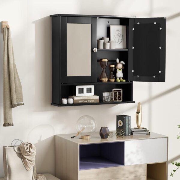 RELAX4LIFE Wall Bathroom Cabinet with Mirror - Wood Over The Toilet Storage Cabinet Space Saver w/2 Doors, Adjustable Shelf & Open Compartment, Modern Wall Mount Medicine Cabinet (Black)