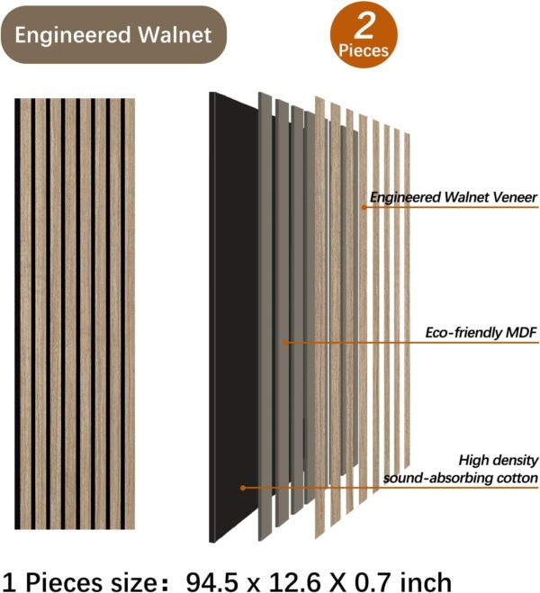 Wood Slat Wall Panels - 2 PCS Walnut Wood Veneer Acoustic Panels - 12.6" W x 94.5" L