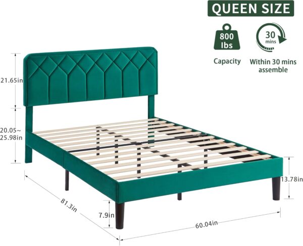 VECELO Queen Size Bed Frame Premium Velvet Upholstered Platform with Height Adjustable Headboard/Mattress Foundation, Solid Wooden Slat Support, No Box Spring Needed/Easy Assembly