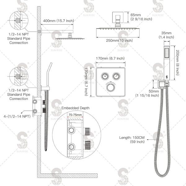 SR SUN RISE 100℉ Thermostatic Shower System,10" Luxury Rainfall Shower Head and High-Pressure Handheld Bathroom Shower Faucet Set,Shower Valve and Trim Kit Included (Polished Chrome)