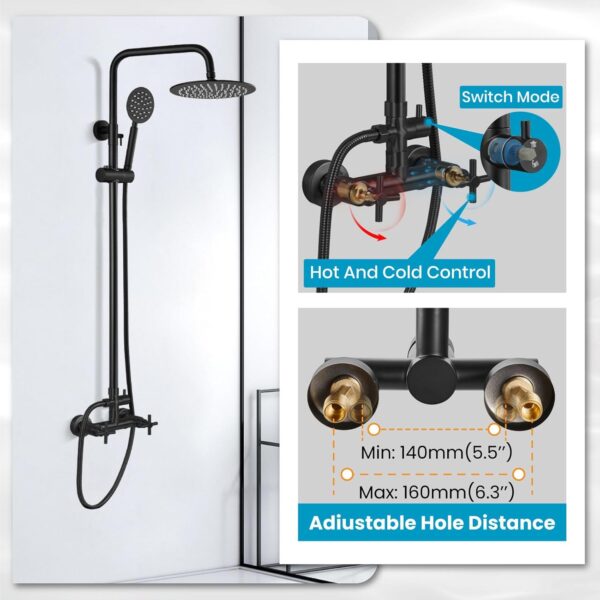 gotonovo SUS304 Outdoor Shower Fixture High Pressure Shower System Combo Wall Mount 2 Dual Function Shower Faucet Set Round Handheld Spray Matte Black Double Cross Handle
