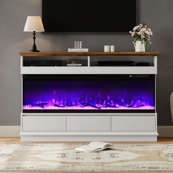 4 EVER WINNER Fireplace TV Stand with 50" Electric Fireplace, Fireplace Entertainment Center with 3-Side Glass Insert, 3 Drawers, TV Stands for Living Room, White
