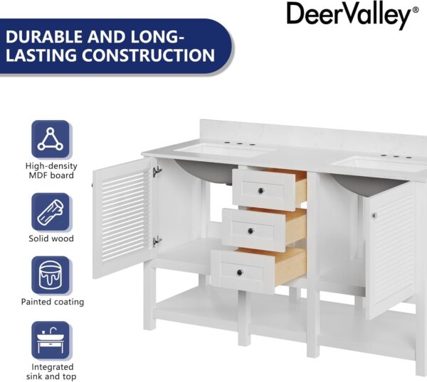 Deer Valley 60'' Bathroom Vanity with Double Sink Top, Pre-Assembled Modern Wood Bathroom Cabinet Sink Combo with Backsplash, Soft Closing Doors, Multifunctional Storage Space Vanity (White)