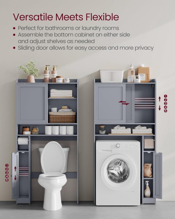 VASAGLE Over The Toilet Storage Shelf, Bathroom Storage Cabinet with Sliding Door, Adjustable Shelves, Toilet Paper Holder, Space-Saving, Modern, 9.8 x 32.7 x 66.9 Inches, Dove Gray UBTS018G01