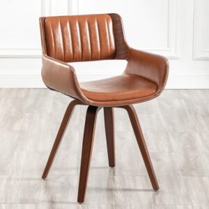 LUNLING Swivel Accent Faux Leather Dining Chairs, Mid Century Modern Chairs with Wooden Legs/Armrest/Upholstered Seat/Adjustable Foots for Kitchen Dining Room Desk Chairs,Brown,1PCS