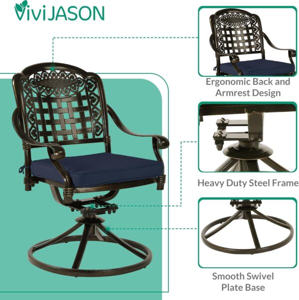 VIVIJASON 5-Piece Outdoor Patio Dining Set, All-Weather Cast Aluminum Conversation Set, Patio Furniture Set for Backyard, Include 4 Swivel Chairs, 38.5" Round Table w/Umbrella Hole, Navy Blue Cushion