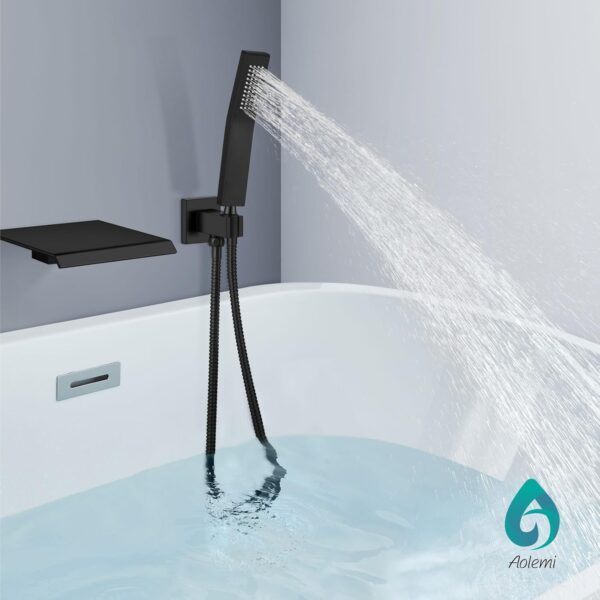Aolemi Wall Mount Bathtub Faucet Bath Tub Faucet Set Waterfall Tub Filler with Handheld Sprayer Single Handle Solid Brass Rough-in Valve,with Bevel Angle Spout,Matte Black