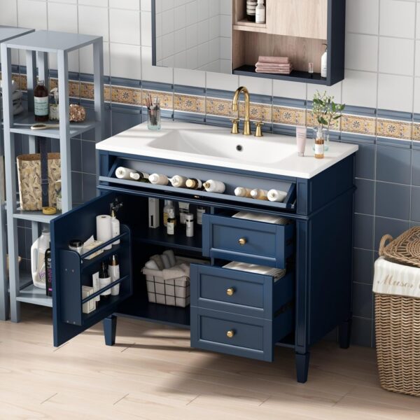 36'' Bathroom Vanity with Top Single Resin Sink Countertop, Solid Wood Frame Modern Storage Cabinet, 2 Drawer and Shelves, Soft Closing Doors, Blue
