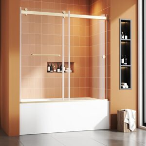Bathtub Sliding Door 55"-60" W x 56" H Tub Shower Door, Frameless Bypass Bathtub Door Glass, Double Sliding Door 5/16" Tempered Glass with Explosion-Proof Film Stainless Steel Gold