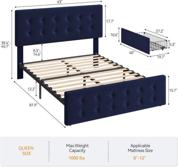IDEALHOUSE Queen Size Bed Frame with 4 Storage Drawers and Headboard, Velvet Upholstered Platform Bed Frame with Wooden Slats Support, Button Tufted Design, No Box Spring Needed, Blue
