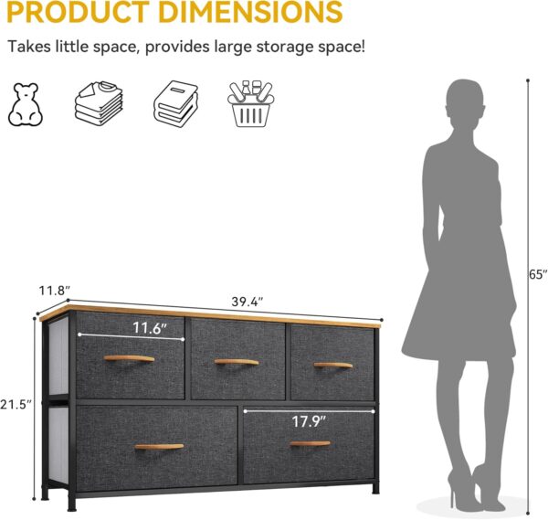 DWVO Dresser TV Stand, Fabric Dresser with 5 Drawers, Dresser for Bedroom, Wide Dresser, Storage Tower, Chest of Drawers for Closet, Living Room, Hallway, Dull Grey