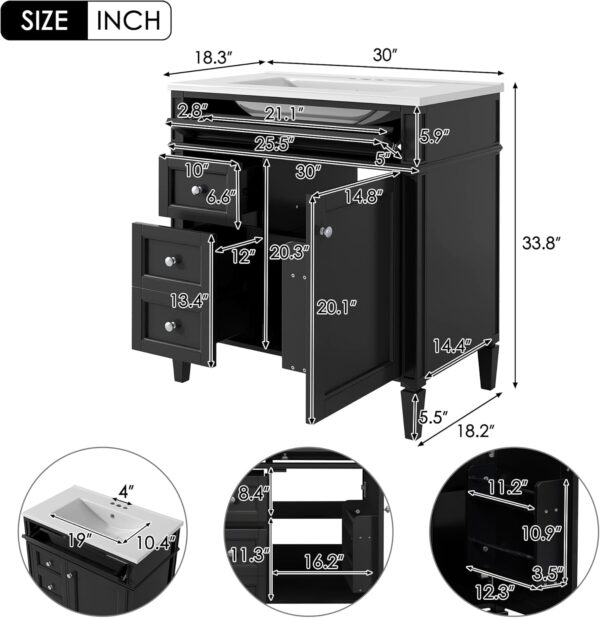 30" Bathroom Vanity with Single Sink Combo, Modern Undermount Bathroom Sink Cabinet with 2 Drawers and a Tip-Out Drawer, Freestanding Bathroom Vanities, Soft Closing, Solid Wood Frame