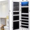 47" H Jewelry Armoire Full Length Mirror Cabinet Storage Organizer w/LED Light Wall-Mounted/Door-Hanging Lockable for Bedroom Makeups White