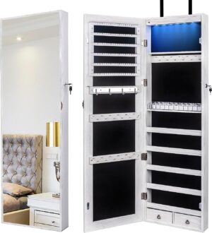 47" H Jewelry Armoire Full Length Mirror Cabinet Storage Organizer w/LED Light Wall-Mounted/Door-Hanging Lockable for Bedroom Makeups White