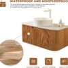 24 Inch Floating Bathroom Vanity with Sink, Modern Wall Mounted Bathroom Storage Cabinet with Drawer, Round White Ceramic Sink Top and Marble Texture Top, Natural Wood