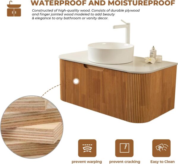 24 Inch Floating Bathroom Vanity with Sink, Modern Wall Mounted Bathroom Storage Cabinet with Drawer, Round White Ceramic Sink Top and Marble Texture Top, Natural Wood
