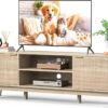 70” TV Stand for Living Room, Fluted Mid-Century Modern TV Console for TVs up to 80 inch, Farmhouse Entertainment Center with 2 Storage, Media Console Table for Living Room, Oak