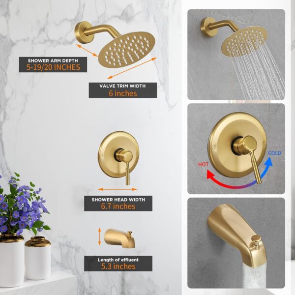 Tub Shower Faucet Set (Valve Included) with 6-Inch Rain Shower Head and Tub Spout Single-Handle Tub and Shower Trim Kit Brushed Gold