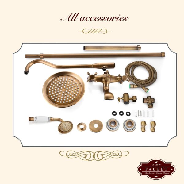 gotonovo Shower Fixture Faucet Set Complete Antique Brass Exposed Pipe Shower System 8 Rain Shower 2 Double Knobs Handle Triple Function Tub Spout Shower Combo Unit Set