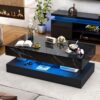 47inch Large High-Glossy LED Coffee Table with 2 Sliding Drawers, Living Room Storage Tables with Marbling Print, Modern Stylish Double-Layer Center Tables w/LED Lights, Black