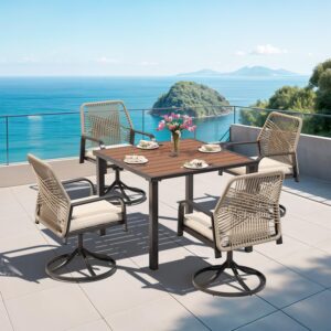 MELLCOM 5-Piece Outdoor Dining Set, 4 Swivel Rattan Chairs with Thick Cushions & Square Dining Table with Umbrella Hole, Patio Furniture Set for Porch, Garden, Backyard, Poolside, Deck, Beige