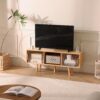 Bamboo TV Stand for TVs up to 50 Inches, Durable Entertainment Center with 2 Sliding Acrylic Cabinet Doors for Gaming Console, Modern Accent TV Console Cabinet for Living Room Bedroom