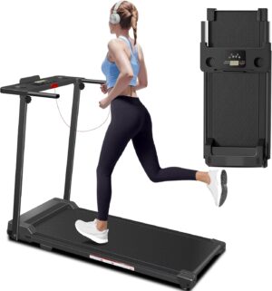 Walking Pad Treadmill with Handle Bar, Small Treadmills for Small Spaces, 3.0HP Folding Walking Pad with 300 lbs Capacity, Cup Holder, LED Display and 12 Preset Programs