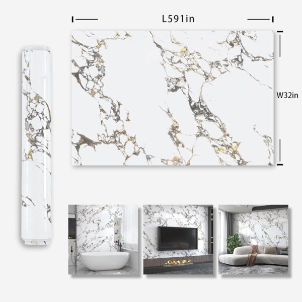 White Gold Marble Granite Contact Paper peel and stick kitchen for Countertops cabinets Wallpaper 32x591inch largen Waterproof Self adhesive Sticker Vinyl Wrapping Paper TV Wall Counter Top Backsplash
