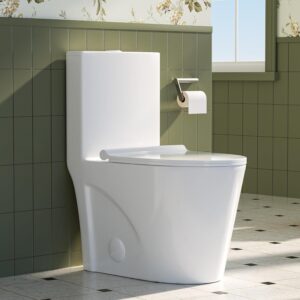 Modern One Piece Toilet, 1.1/1.6 GPF Elongated Dual Flush Toilet with Soft Closing Seat, Standard Modern Toilet for Bathroom, 12" Rough-In (White)