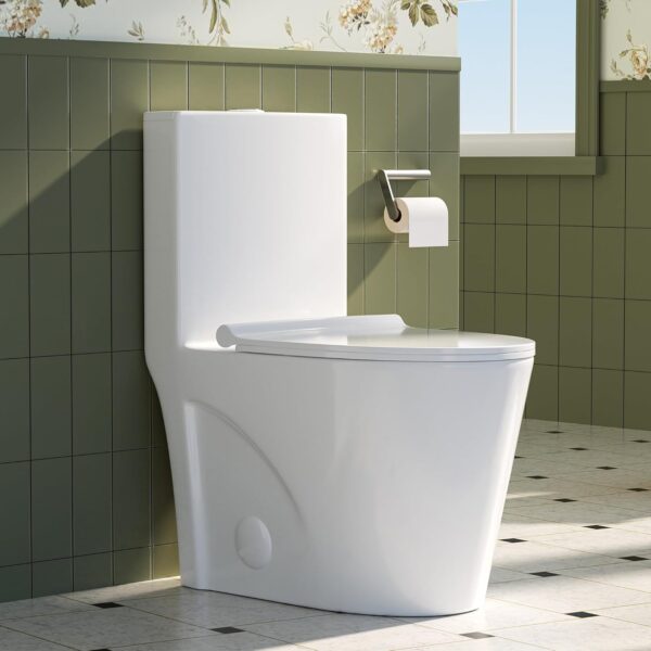 Modern One Piece Toilet, 1.1/1.6 GPF Elongated Dual Flush Toilet with Soft Closing Seat, Standard Modern Toilet for Bathroom, 12" Rough-In (White)