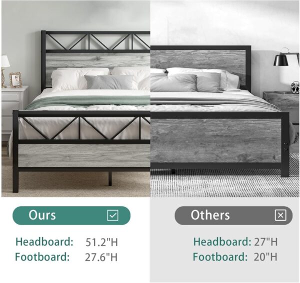 Queen Bed Frame with Headboard, Industrial 51.2" Tall Headboard, Queen Platform Bed Frame with Heavy Duty Metal Slats Support, No Box Spring Needed, Noise-Free, Easy Assembly, Wash Grey