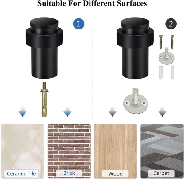 KOLAKO Door Stoppers, Floor Door Stops, (2 Inch) Black Matte Modern Heavy Duty Solid Small Cylindrical Doorstop Rubber Bumper, Stainless Steel, Floor Mounted Door Stop