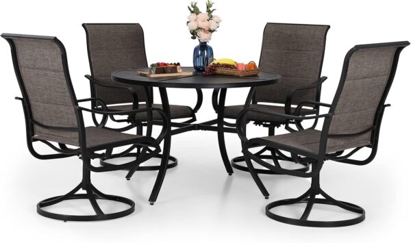 PHI VILLA Outdoor Patio Dining Set 5 Piece with 4 Padded Swivel Dining Chairs & 1 Large Round Dining Table, Textilene Mesh Fabric Chair and 42" Metal Table for All Weather