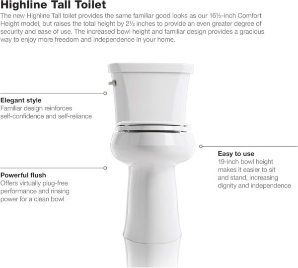 KOHLER K-25224-0 Highline Tall Two-Piece Elongated Toilet with Left-Hand Trip Lever, Elongated Toilet Bowl, 1.28 GPF, White