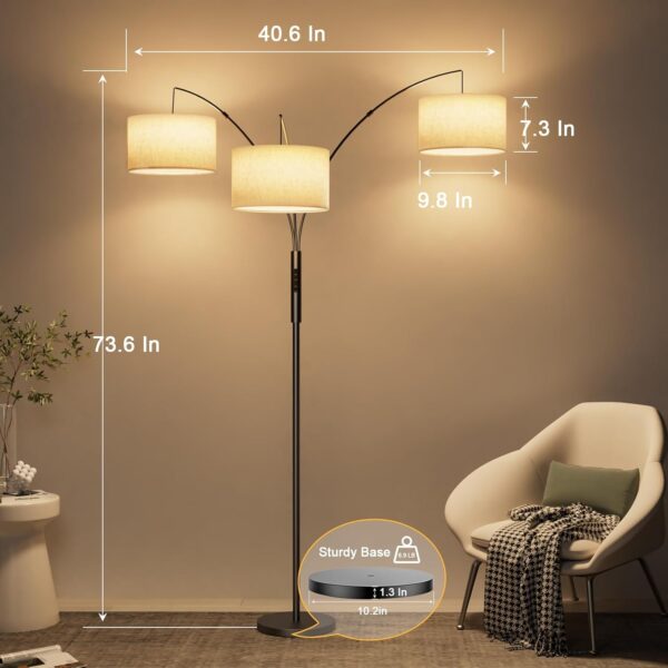 36W LED Arc Floor Lamp with 3 Fabric Shades, 3000LM Super Bright Standing Lamp with Remote Control & Touch, Stepless Dimming, Individual Light Control for Living Room, Bedroom