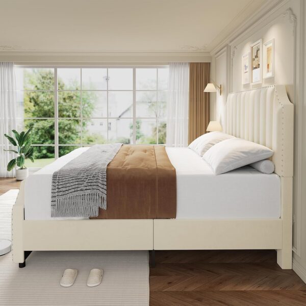 Queen Size Velvet Bed Frame, 50.2" Tall Headboard & Footboard, Upholstered Platform Queen Bed Frame with Nailhead Trim, No Box Spring Needed, Noise Free, Solid Wooden Slats, Beige