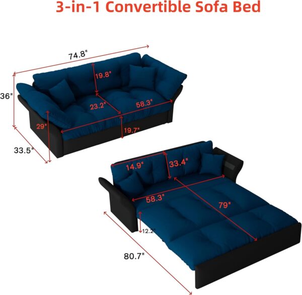 3 in 1 Convertible Sleeper Sofa Bed Queen Size - Modern Cloud Futon Loveseat Couch Pull Out Sofabed Lounge Chaise w/Thicked Cushions and 2 Throw Pillows for Living Room Office RV Small Places