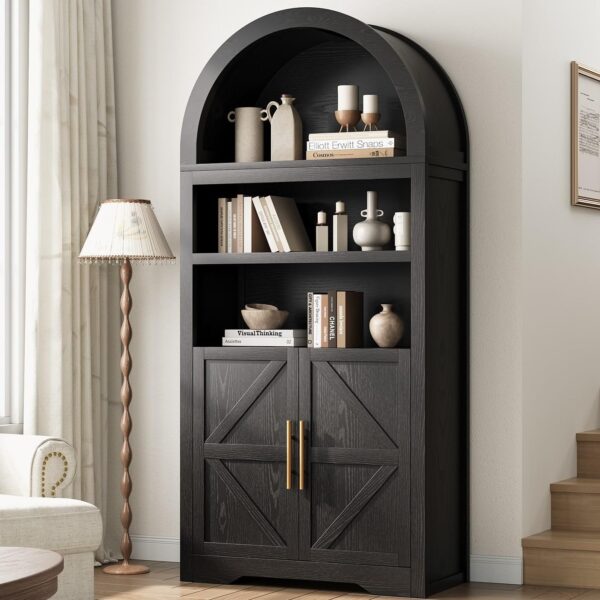 Arched Bookshelf Bookcase China Pantry Storage Cabinet with Doors and Shelves,Kitchen Pantry Cabinet,71“ Tall Food Pantry Furniture for Living Room, Dining Room (Black)