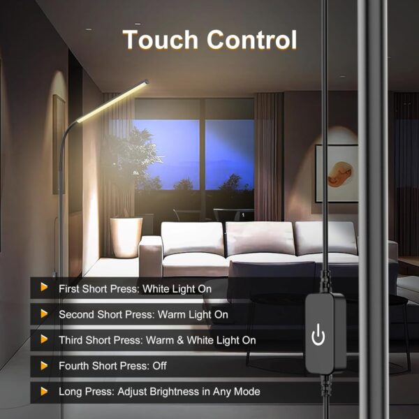 15W Floor Lamp with Touch Control Adjustable Brightness 3500K-7000K 360° Gooseneck LED Floor Lamps Eye-Caring Floor Lamp for Living Room, Bedroom & Office Stepless Dimming Standing Lamp