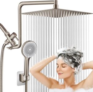 12'' Rainfall Shower Head Combo, Brushed Nickel High Pressure Shower Heads with Flexible Curved Arm & 4-Setting Handheld Sprayer, 60'' Hose, Stainless Steel