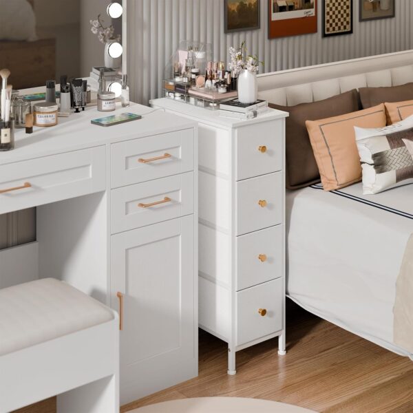 Fixwal Narrow Storage Cabinet, Narrow Nightstand Dresser with 4 Drawers, Slim Fabric Dresser Storage Tower for Small Spaces, White Dresser, for Bedroom, Bathroom, Laundry, Closet