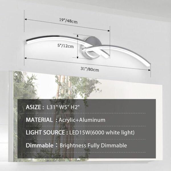 6000K Modern Vanity Light, 31 inch Chrome Bathroom Light, 15W Modern Dimmable Bathroom Light Fixture Over Mirror for Mirror Cabinet