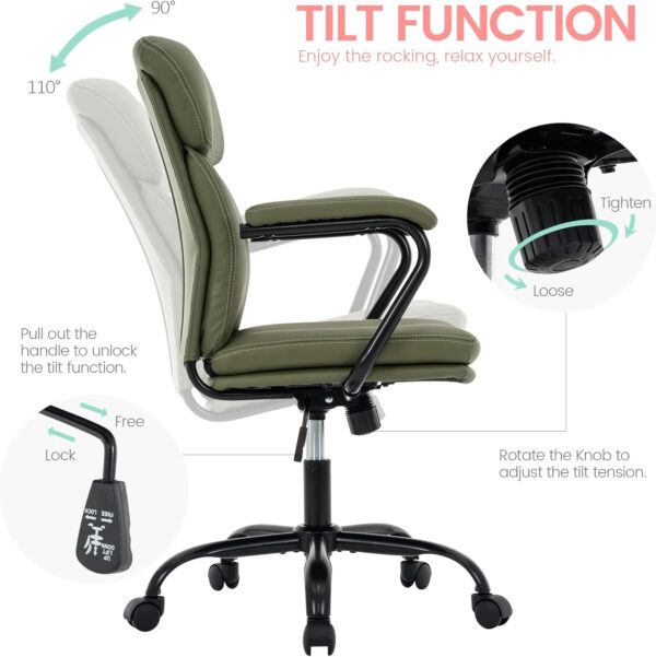 Home Office Chair, Modern Upholstered Mid-Back PU Leather Task Desk Chair with Arms, Adjustable Rocking Swivel Computer Chair with Wheels (Olive Green)