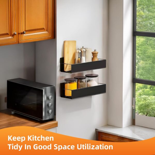 Kitchen Spice Rack: 2 Packs Black Adhesive Wall Mount - 11.8" Large Hanging Storage Organizer Cabinet Without Drilling for Smooth Wall - Work Room Bathroom Shelves