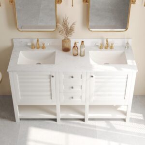 Deer Valley 60'' Bathroom Vanity with Double Sink Top, Pre-Assembled Modern Wood Bathroom Cabinet Sink Combo with Backsplash, Soft Closing Doors, Multifunctional Storage Space Vanity (White)